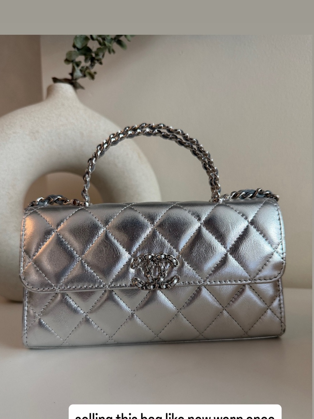 CHANEL Silver Quilted Leather Mini Top-Handle Bag
